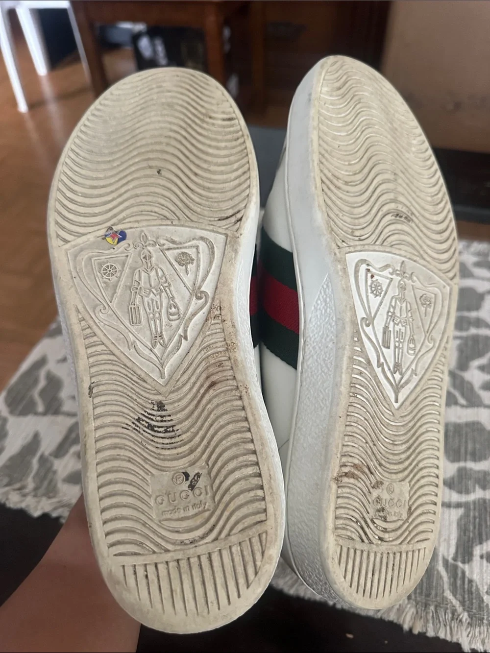 Gucci White Leather Sneakers with Green & Red Web and Gold Bee